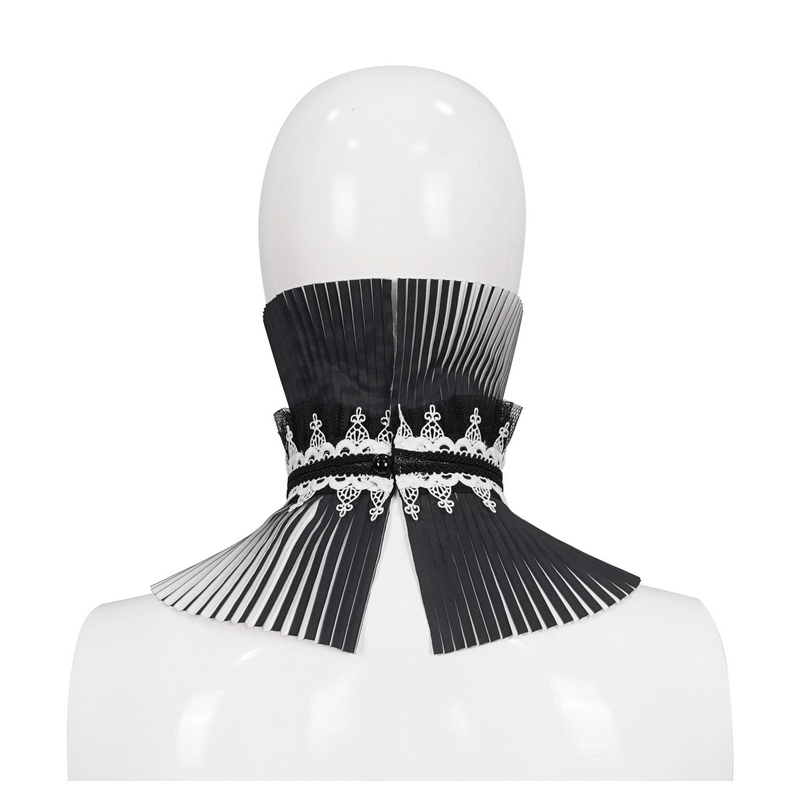 Elegant Gothic black and white pleated stand collar with lace beads, perfect for enhancing women's outfits.