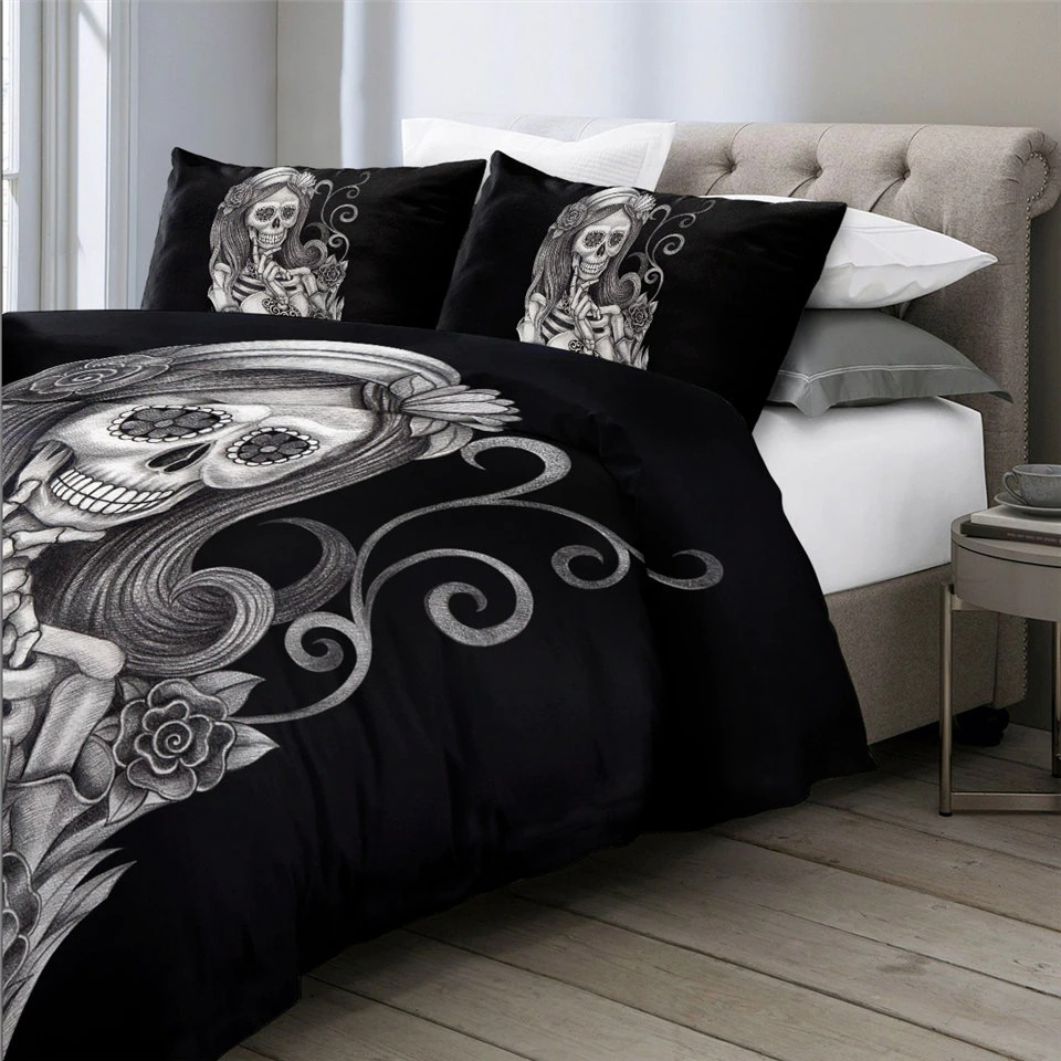 Gothic Black Bedding with a 3D print of a female skeleton  / Unisex Bedclothes Sets / Fashion Home Textiles - HARD'N'HEAVY