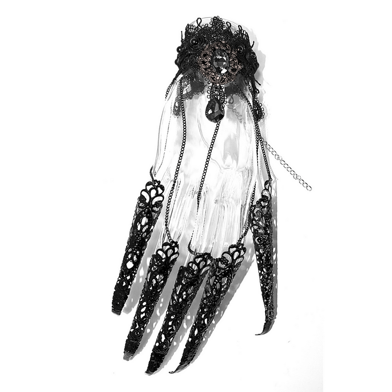 Gothic black bracelet with finger cover and chains, stylish women's accessory for edgy outfits.