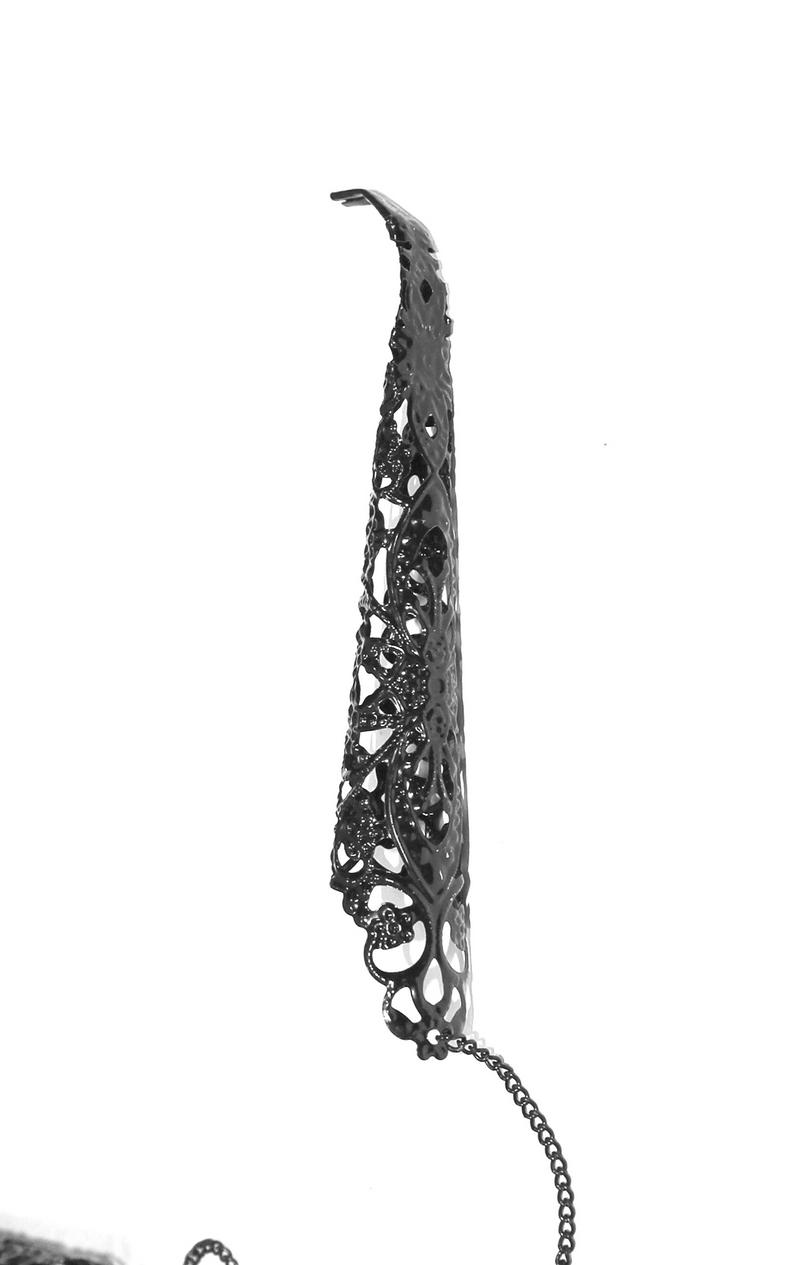 Gothic black bracelet with intricate lace design and chain, perfect for enhancing gothic outfits.