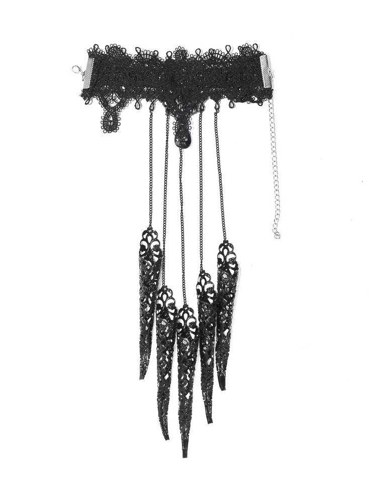 Gothic black bracelet with lace and chains, featuring a finger cover design and pointed accents for a striking look.