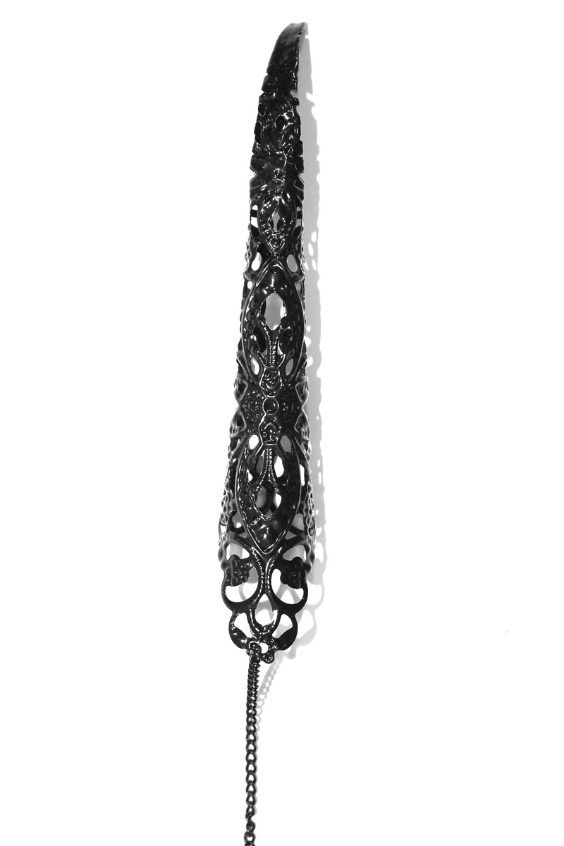 Gothic black lace bracelet with finger cover and chains for women, perfect gothic accessory for stylish outfits.