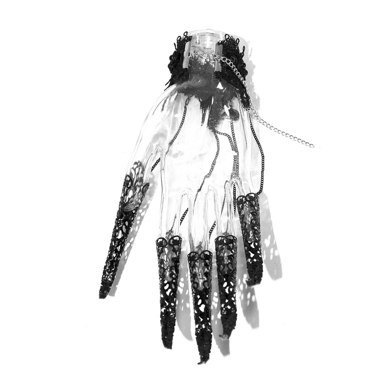 Gothic black bracelet with finger cover and lace detail, perfect for edgy women's fashion.