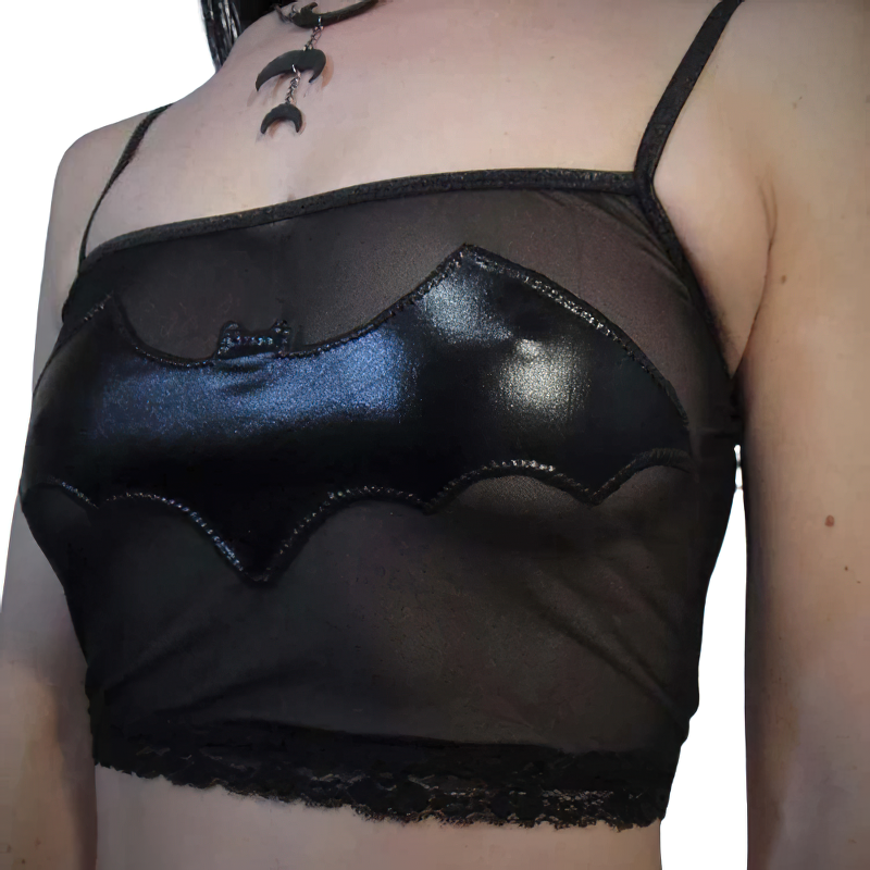 Gothic Black Camis Sexy Crop Top With Batman Pattern For Women / Female Patchwork Clothing - HARD'N'HEAVY