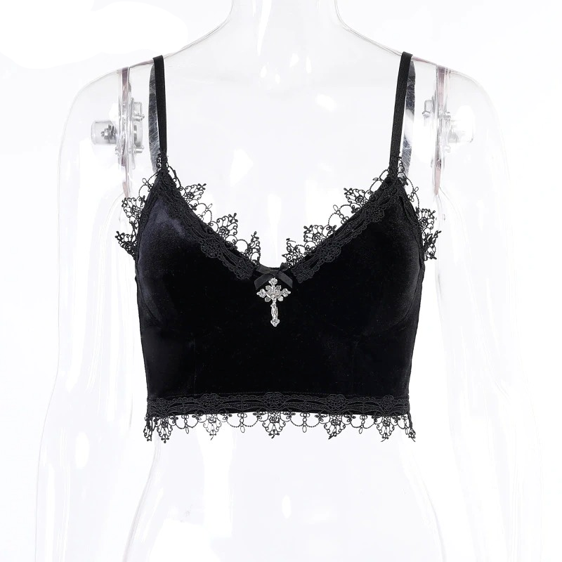 Gothic Black Crop Tank Top for Women / Sexy Top with Aesthetic Lace and Strap - HARD'N'HEAVY