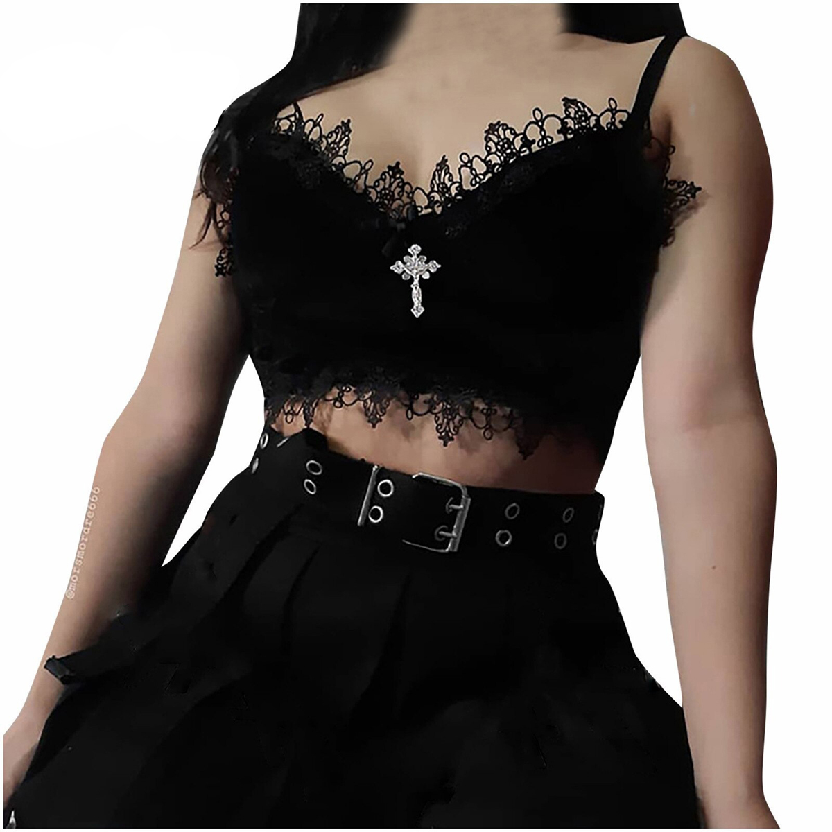 Gothic Black Crop Tank Top for Women / Sexy Top with Aesthetic Lace and Strap - HARD'N'HEAVY