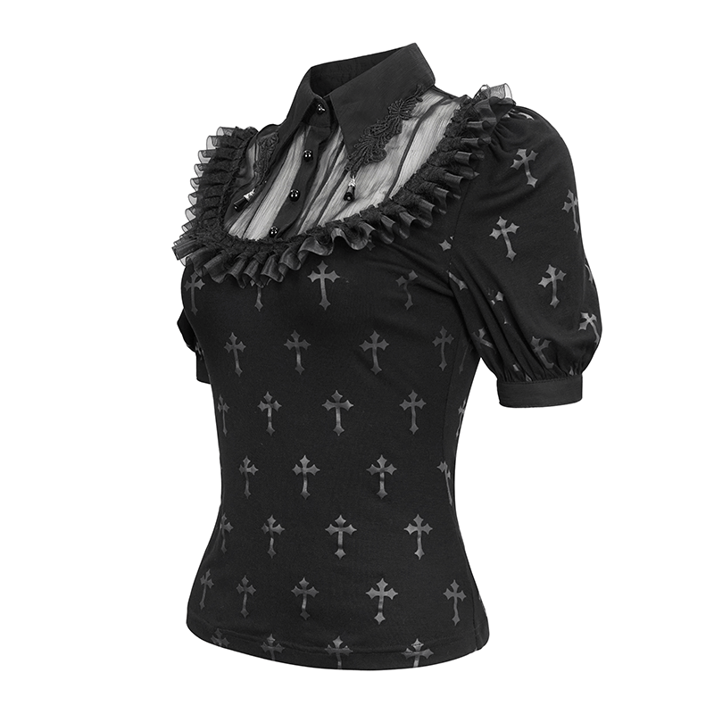 Gothic black blouse with short sleeves, cross pattern, lace trim, and elegant collar – perfect for unique fashion lovers.