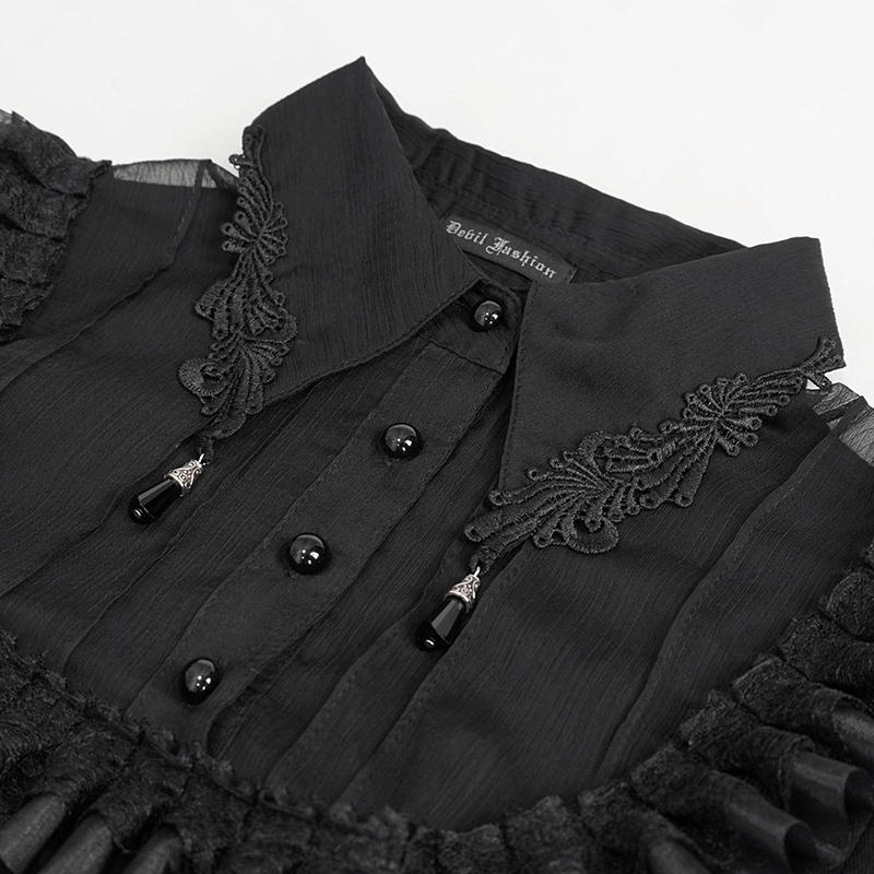 Gothic black blouse with lace trim collar and decorative buttons, showcasing elegant details and stylish design.