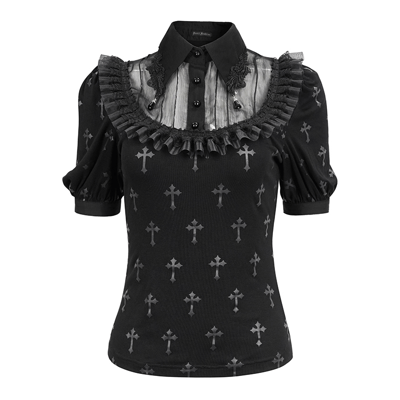 Elegant women's gothic black short sleeve blouse with cross pattern and lace trim collar.