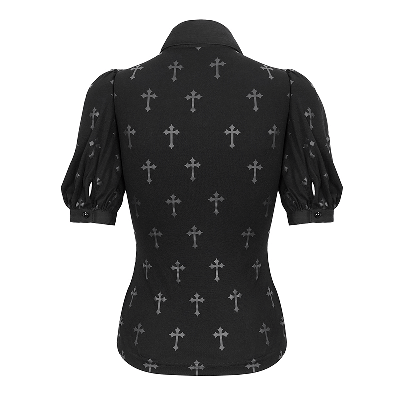 Stylish gothic black blouse with cross pattern, short sleeves, and lace trim, perfect for a chic, edgy look.