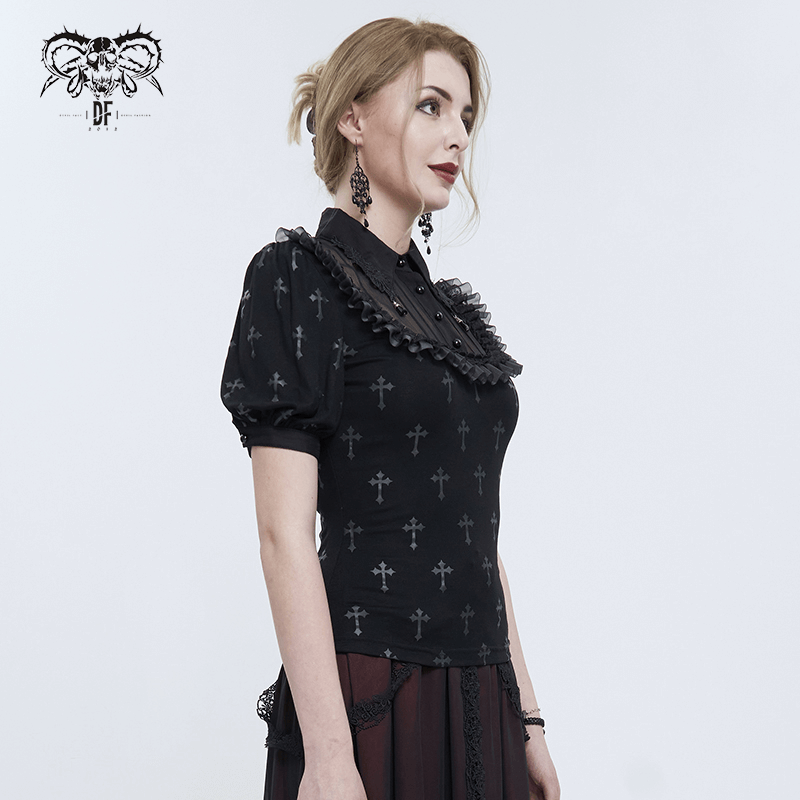 Gothic Black Cross Pattern Short Sleeves Blouse / Women's Turn Down Collar With Lace Trim Blouses