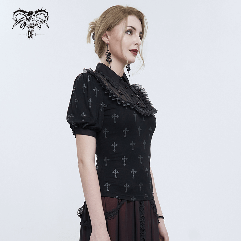 Gothic black short sleeve blouse with cross pattern and lace trim, perfect for elegant gothic style outfits.