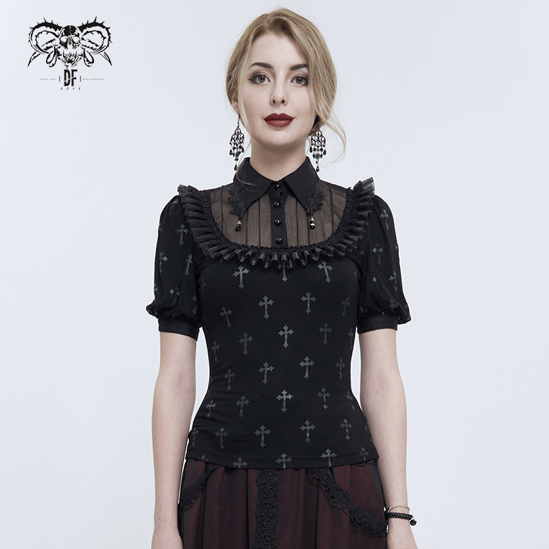 Elegant women's gothic short sleeve blouse with black cross pattern and lace-trimmed collar.