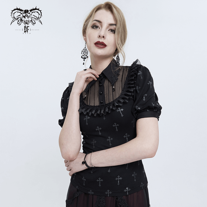 Gothic black blouse with cross pattern, short sleeves and lace trim, perfect for a stylish, dark aesthetic.