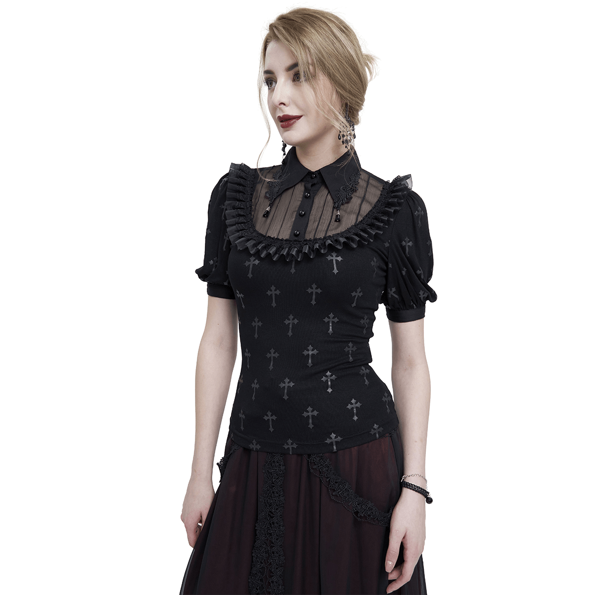 Gothic Black Cross Pattern Short Sleeves Blouse / Women's Turn Down Collar With Lace Trim Blouses