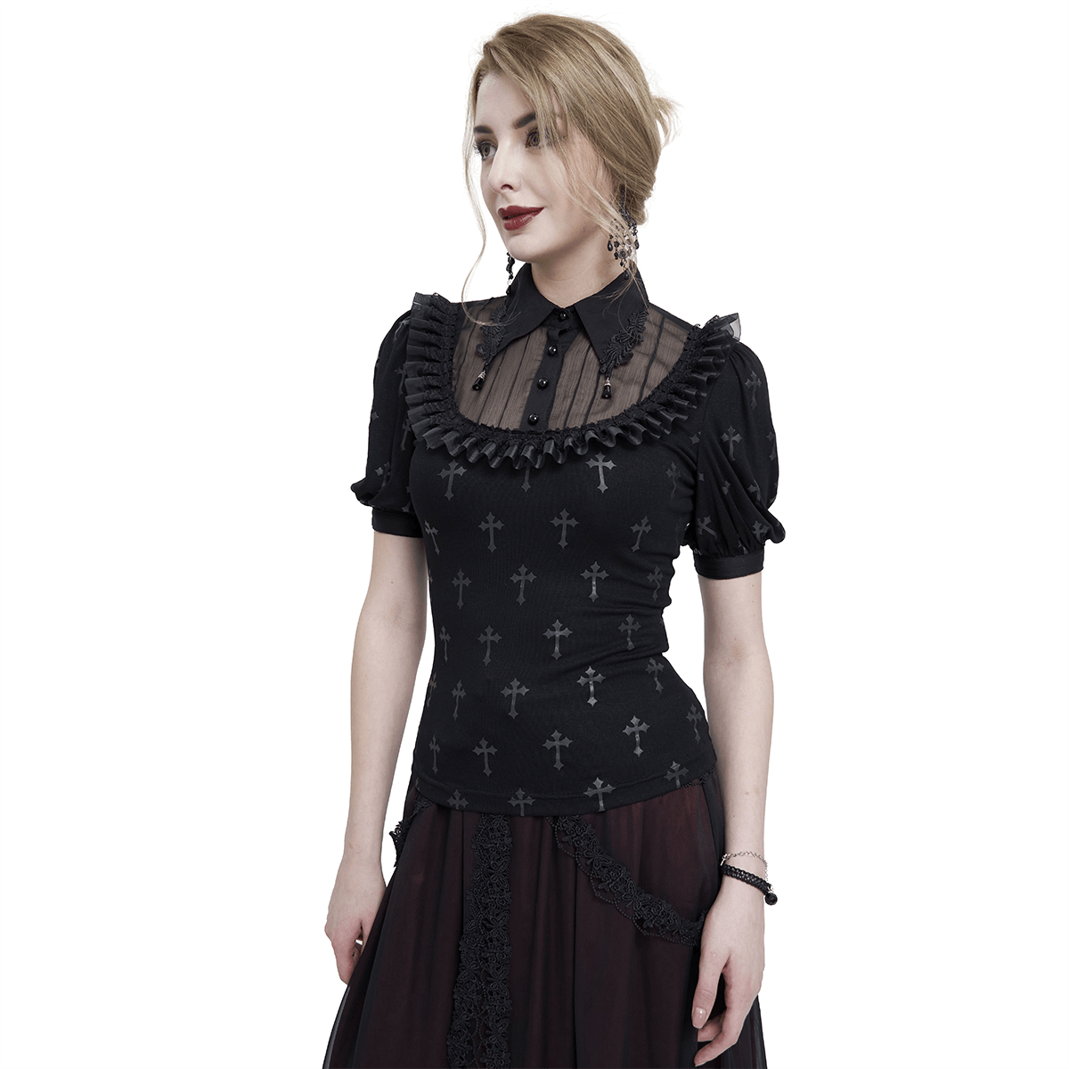 Gothic black cross pattern short sleeve blouse with lace trim and turn-down collar for women.