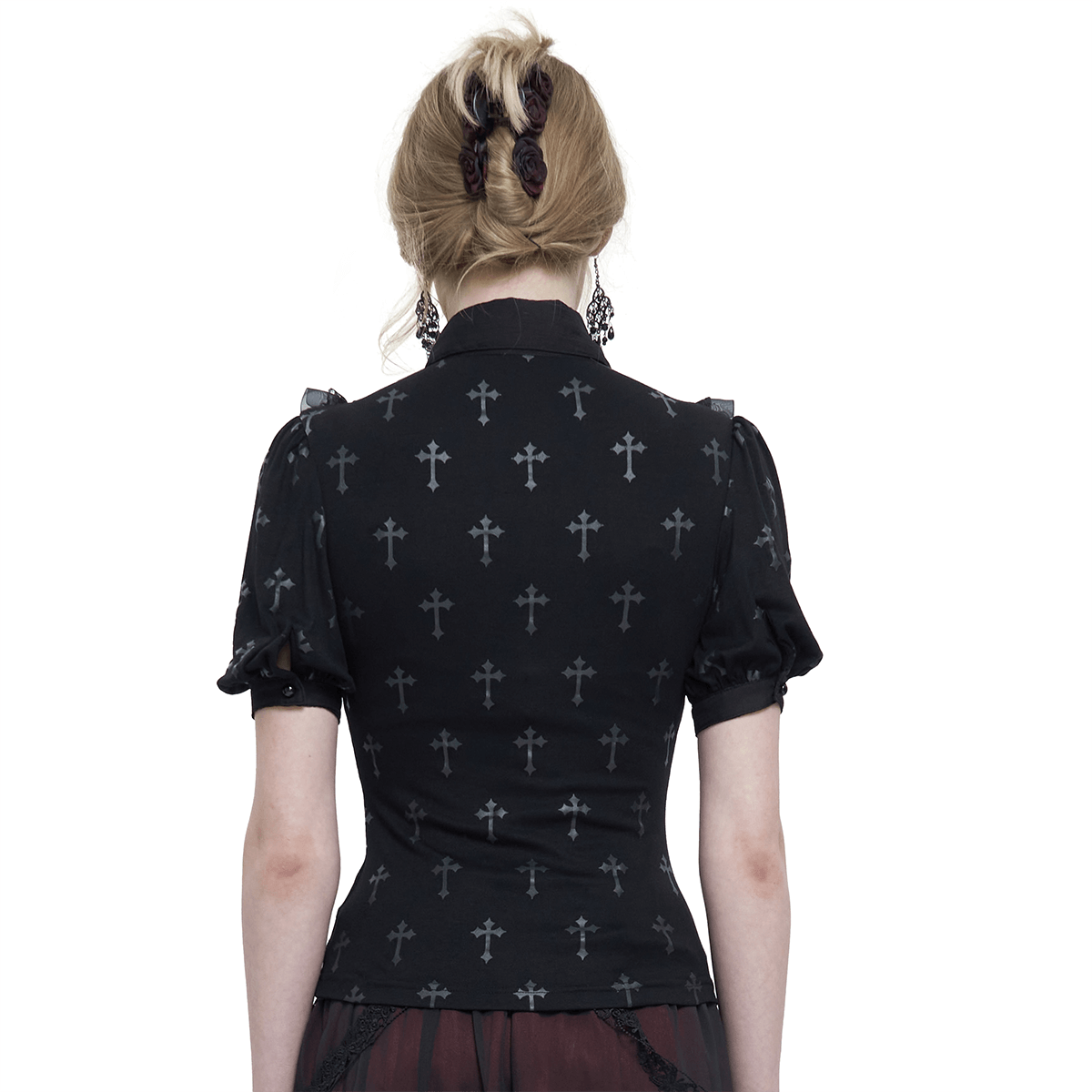 Gothic black short sleeve blouse with cross pattern, elegant back view showcasing lace trim and stylish collar.