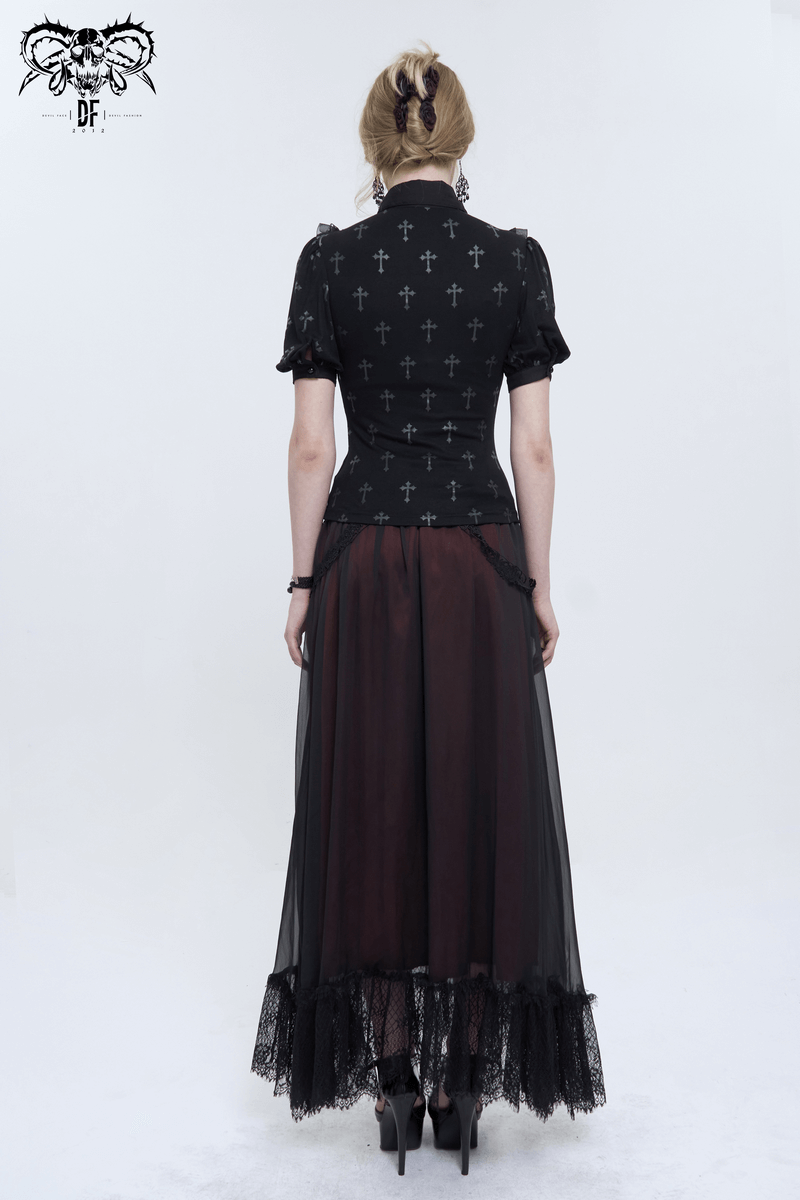 Back view of a gothic black cross pattern blouse paired with a flowing black and burgundy skirt, showcasing elegant design.