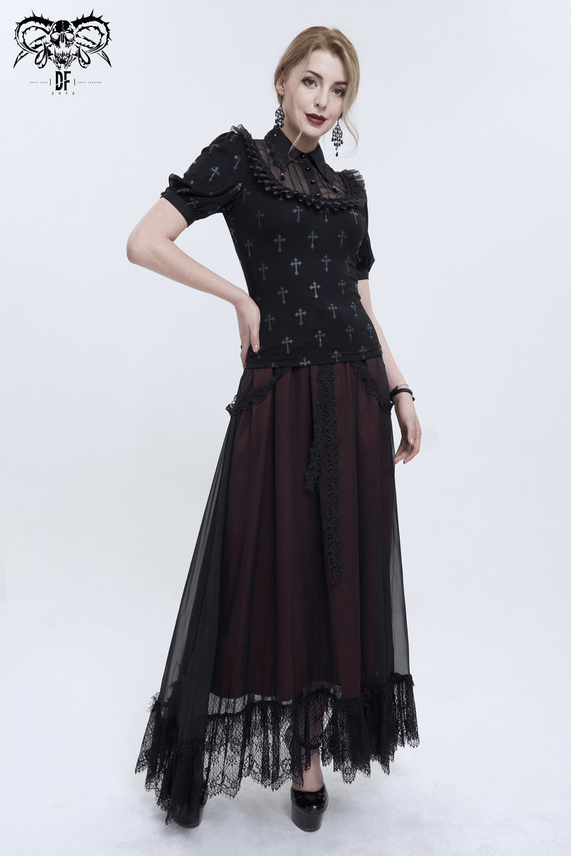 Elegant gothic short sleeve blouse with black cross pattern, paired with a flowing burgundy skirt and lace trim details.