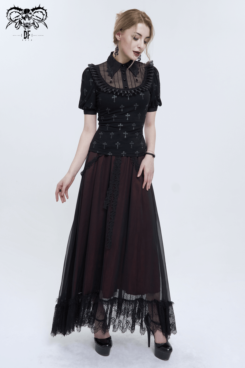 Gothic Black Cross Pattern Short Sleeves Blouse / Women's Turn Down Collar With Lace Trim Blouses - HARD'N'HEAVY