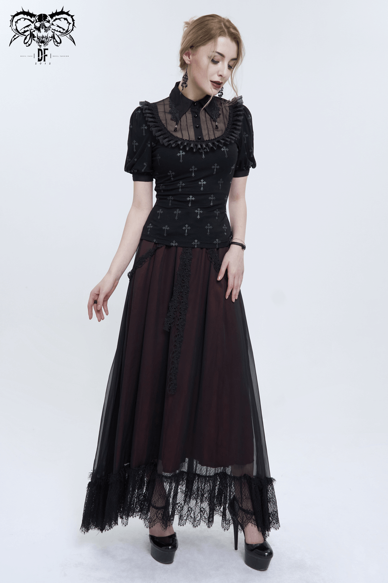 Gothic black cross pattern short sleeve blouse with lace trim, elegantly styled for a chic gothic outfit.