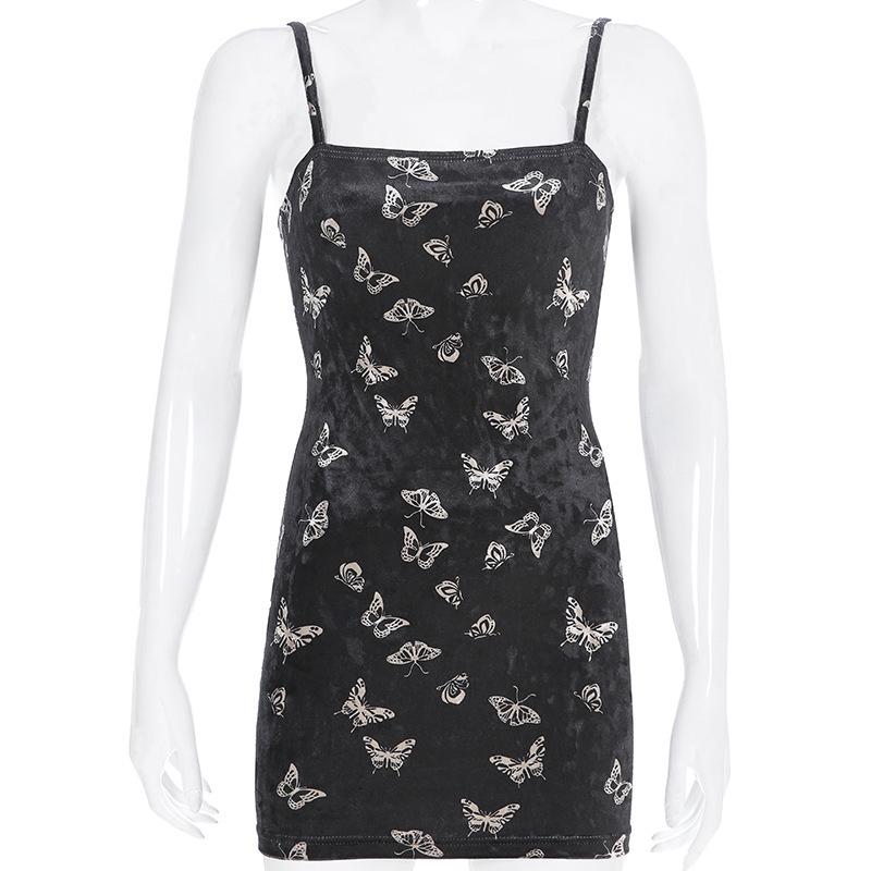 Gothic black mini dress with butterfly print, sleeveless and backless, perfect for alternative fashion lovers.