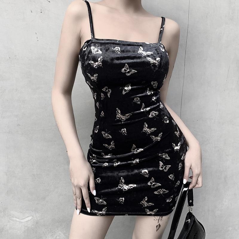 Gothic black dress with butterfly print, sleeveless and backless, perfect for alternative fashion lovers.