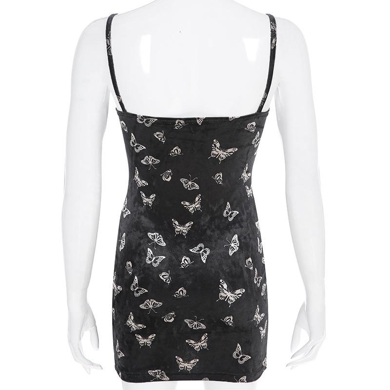 Back view of a gothic black dress with butterfly patterns, sleeveless and backless, perfect for alternative fashion.