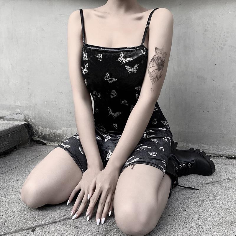 Gothic black backless dress with butterfly prints, perfect for alternative fashion lovers and summer outings.