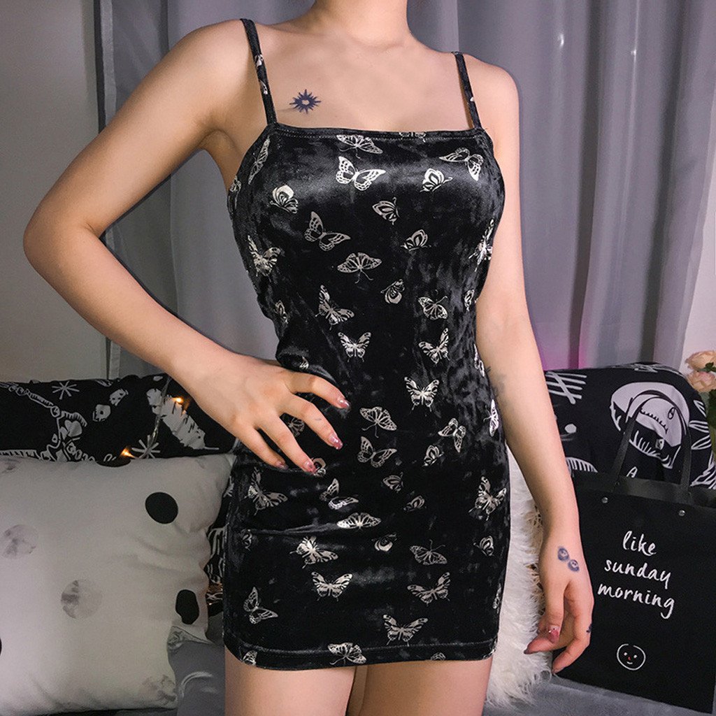 Gothic black dress for women, backless and sleeveless, featuring butterfly print, perfect for alternative fashion.