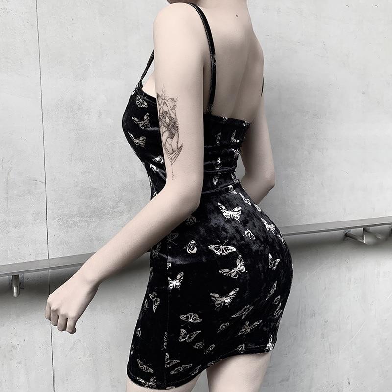 Backless gothic black dress with butterfly print, perfect for alternative fashion enthusiasts.