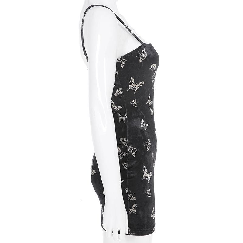 Gothic black backless dress with butterfly print, showcasing sleeveless design, perfect for alternative fashion lovers.