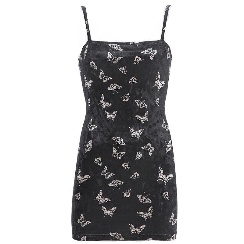 Gothic black dress with butterfly print, backless, sleeveless, perfect for alternative fashion. Ideal for a stylish night out.