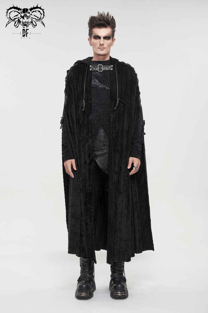 Gothic black fleece hooded cape with buckle belt worn by male model, showcasing vintage style and dramatic flair.