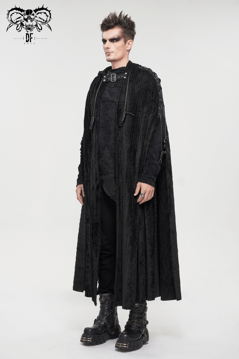 Men's gothic black fleece hooded cape with buckle belt, featuring a vintage design and stylish fur collar.