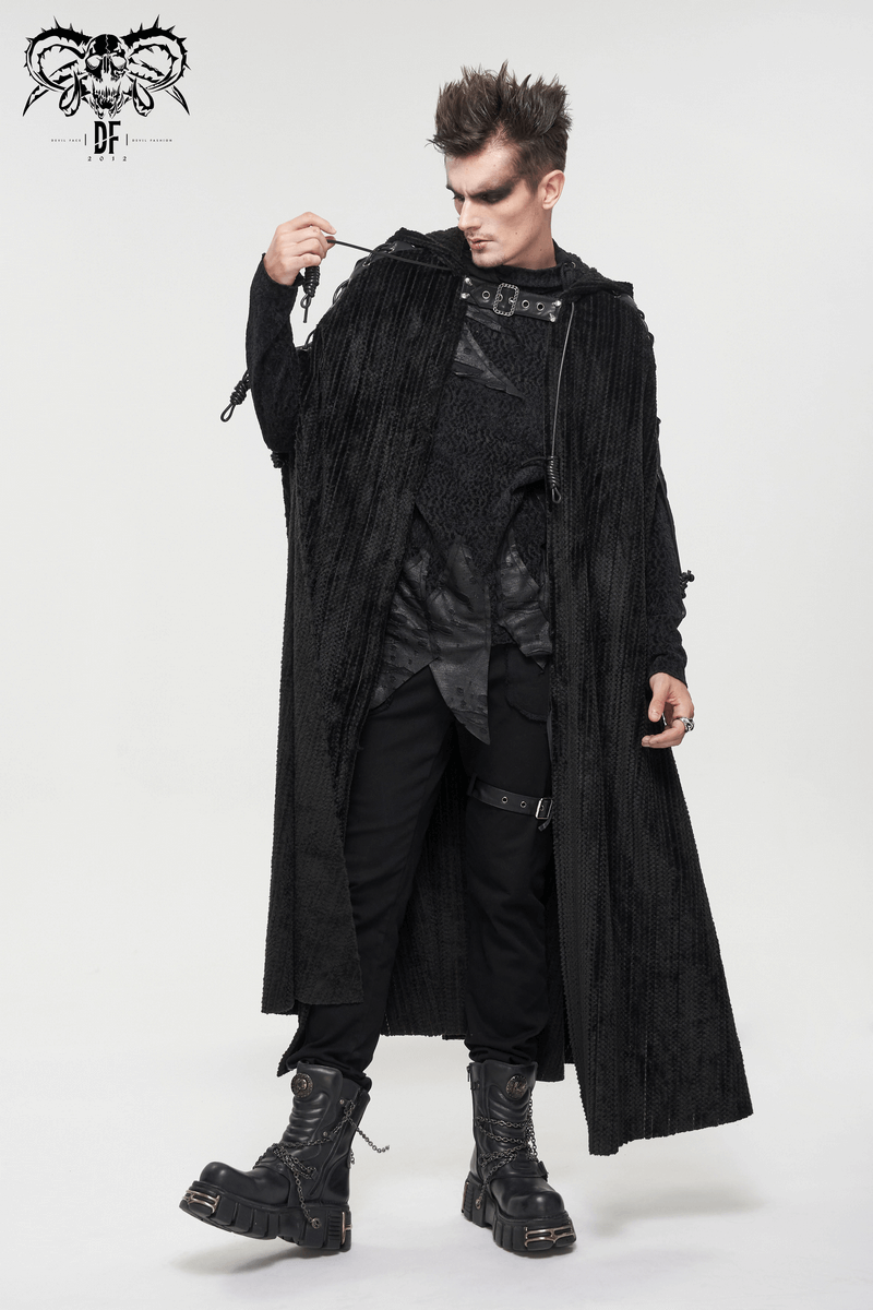 Stylish man wearing a black gothic fleece hooded cape with buckle belt, showcasing a vintage design.