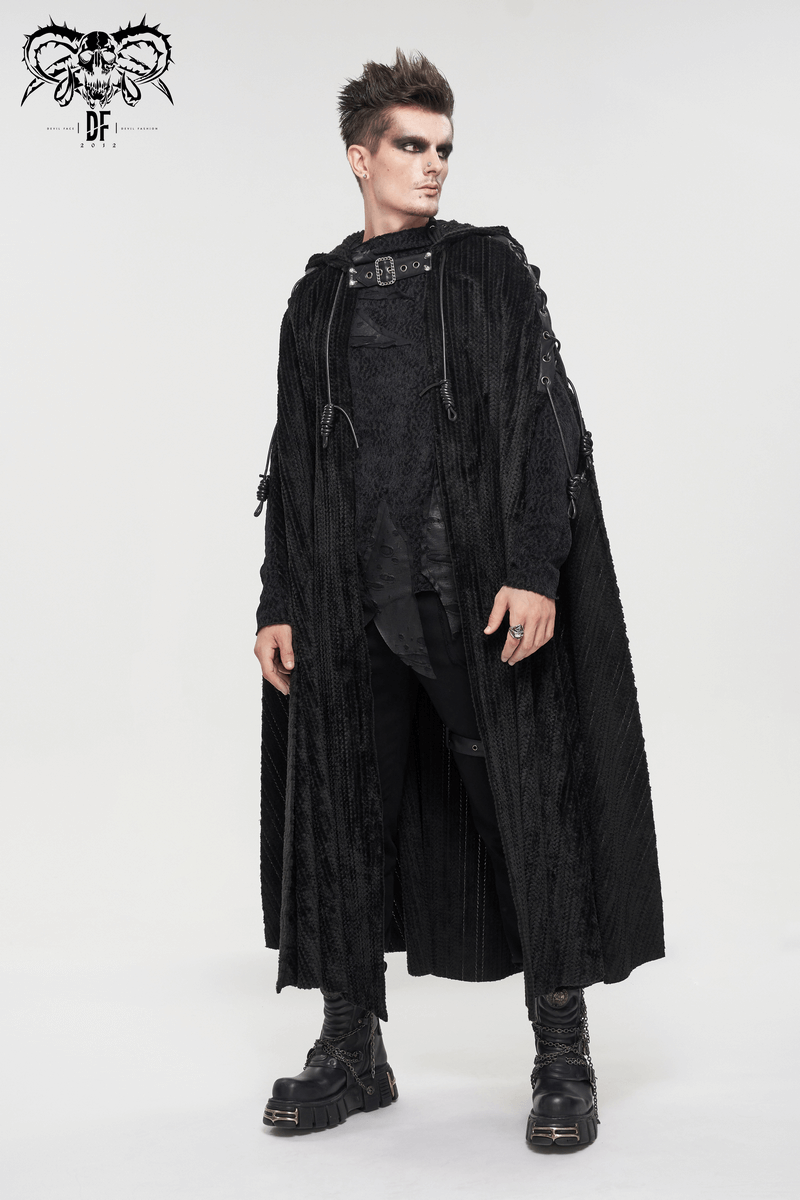 Gothic black fleece hooded cape with buckle belt, featuring a fur collar, ideal for stylish men.