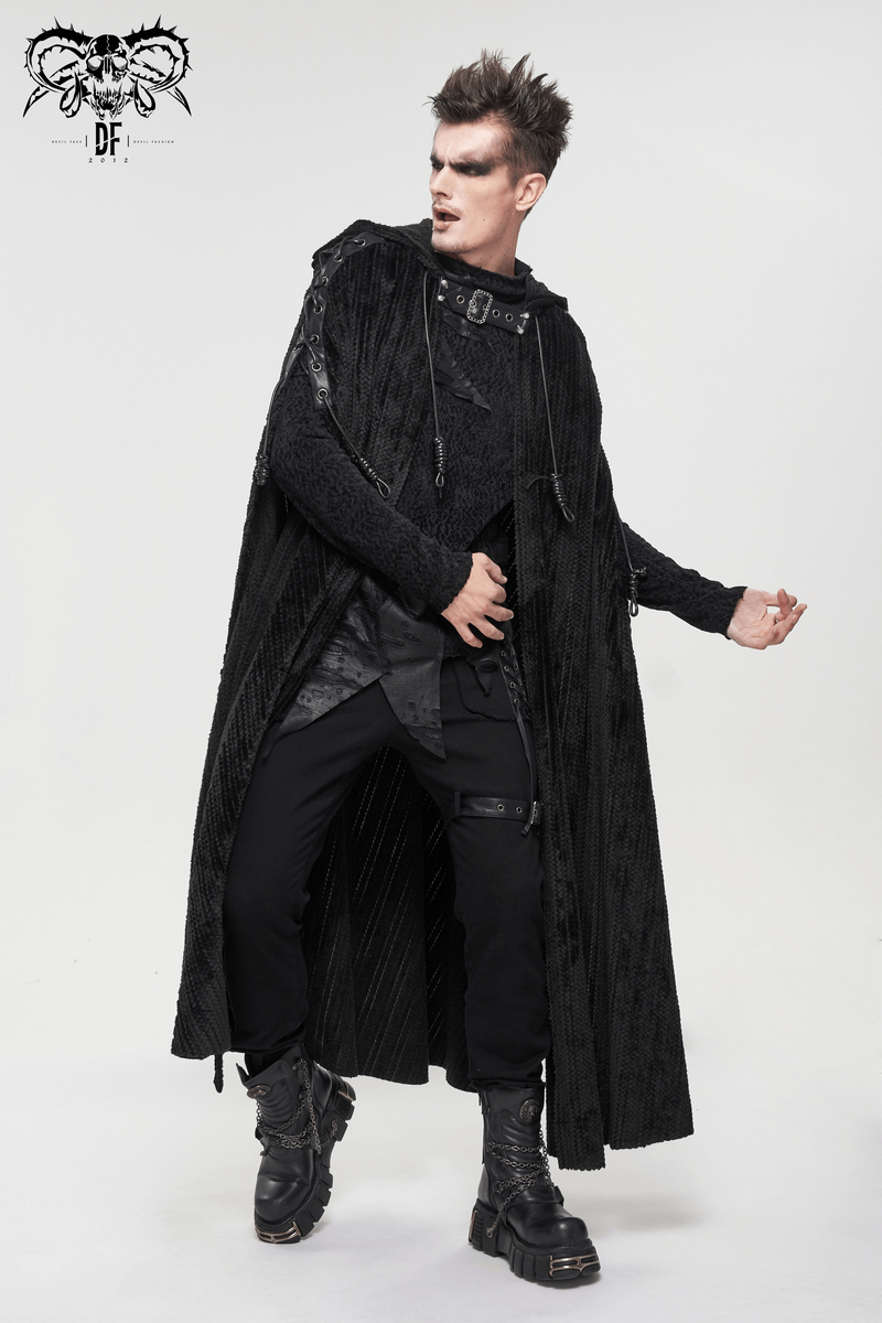 Men's gothic black fleece hooded cape with buckle belt, showcasing a stylish vintage design and fur collar.