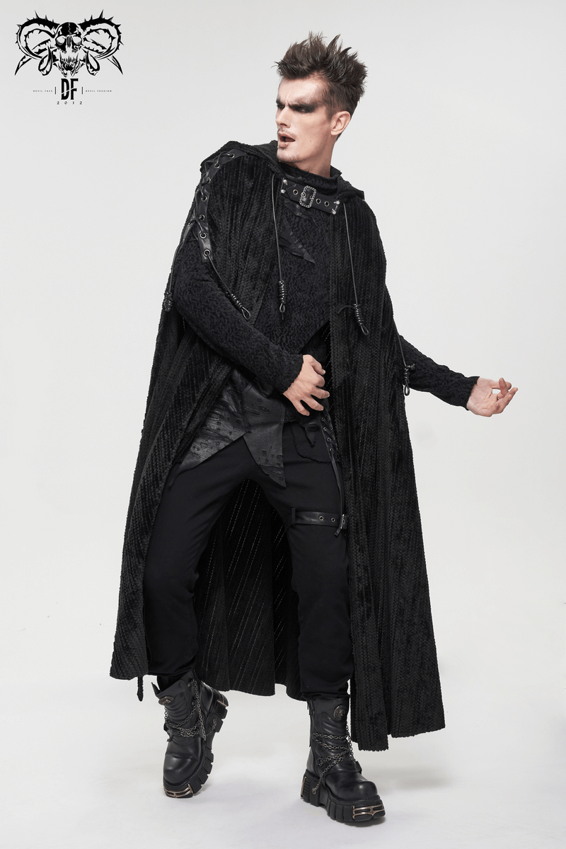 Gothic Black Fleece Hooded Cape with Buckle Belt / Mens Long Cape with Fur Collar - HARD'N'HEAVY