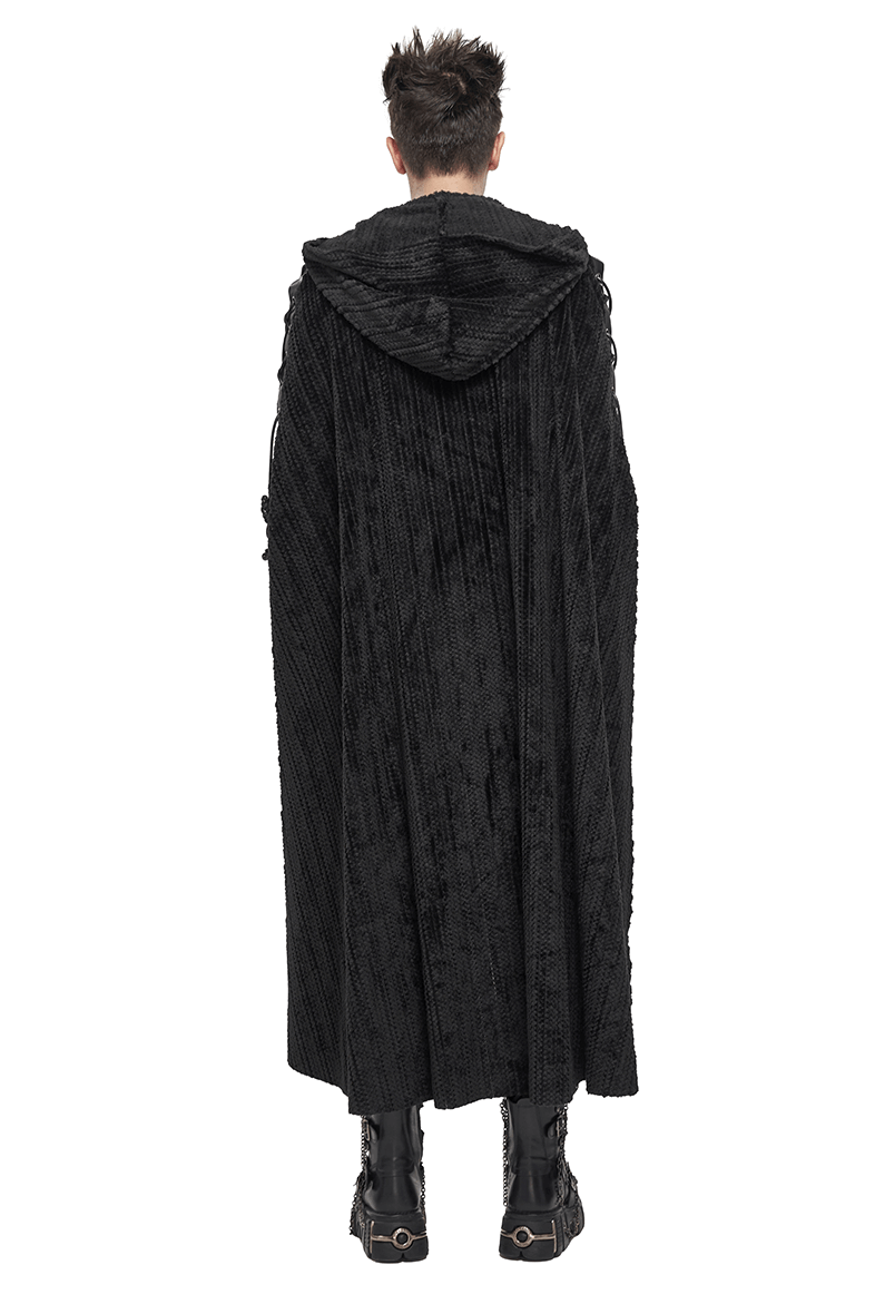 Gothic Black Fleece Hooded Cape with Buckle Belt / Mens Long Cape with Fur Collar - HARD'N'HEAVY