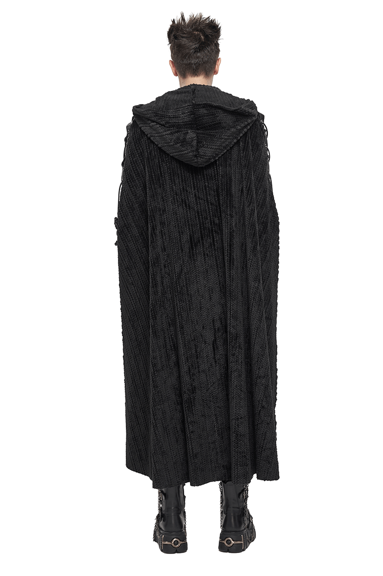 Back view of men's gothic black fleece hooded cape with buckle belt and fur collar, showcasing vintage style and quality fabric.