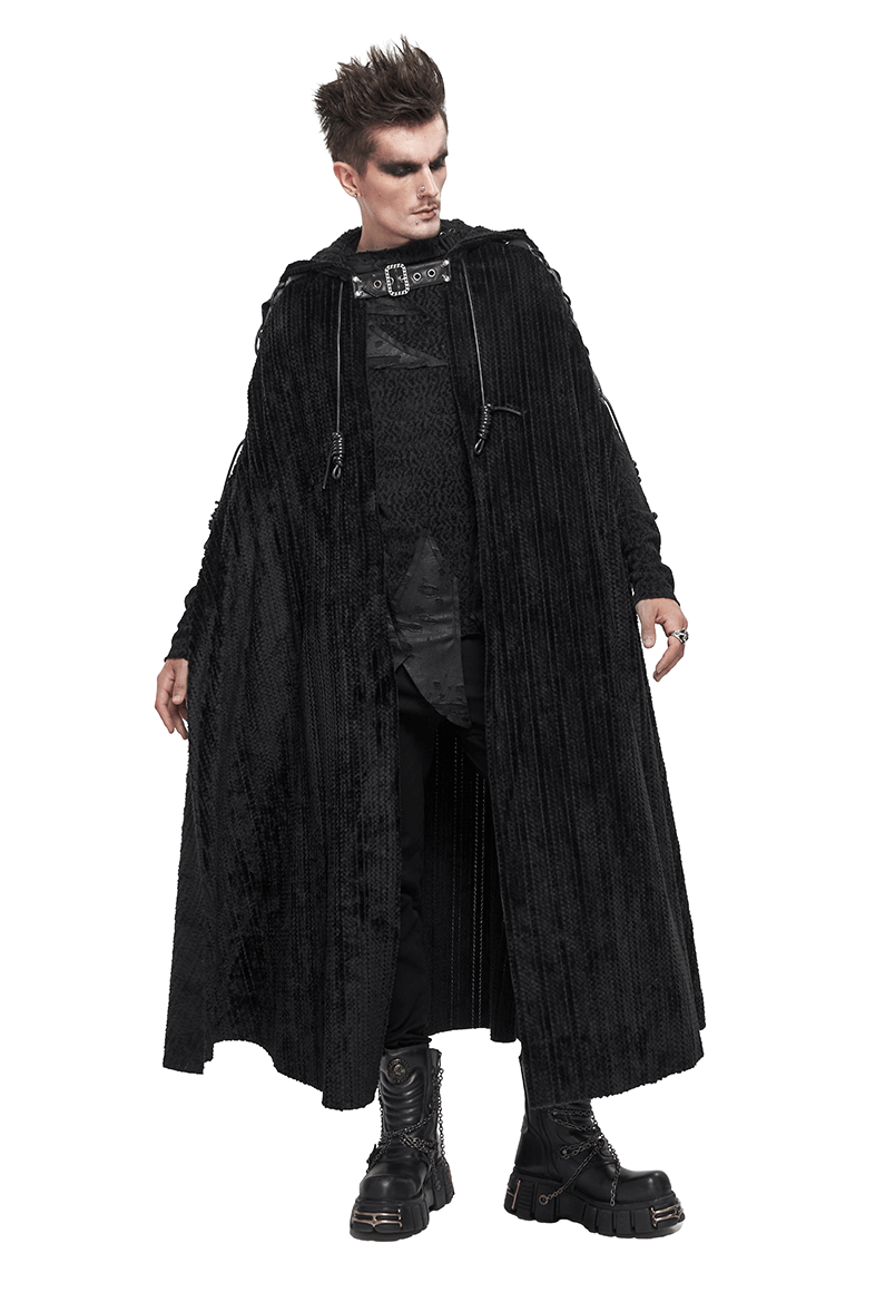 Gothic black fleece hooded cape with buckle belt worn by model, showcasing vintage style and luxurious fabric.