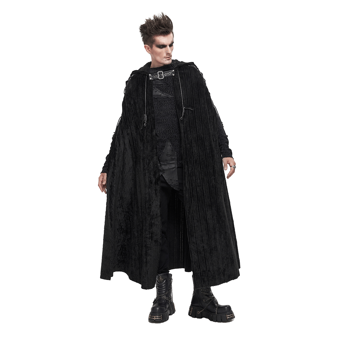 Gothic Black Fleece Hooded Cape with Buckle Belt / Mens Long Cape with Fur Collar - HARD'N'HEAVY