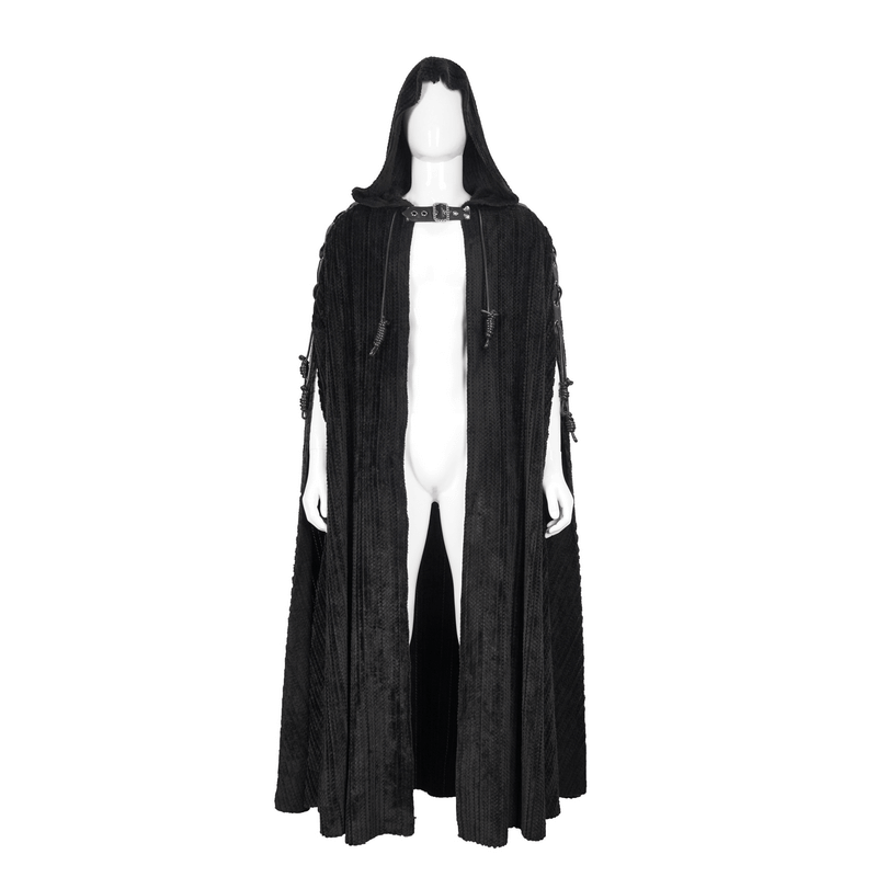 Gothic black fleece hooded cape with buckle belt, perfect for a vintage-inspired wardrobe.