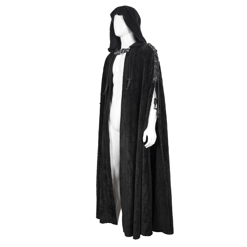 Men's gothic black fleece hooded cape with buckle belt, perfect for vintage fashion enthusiasts.