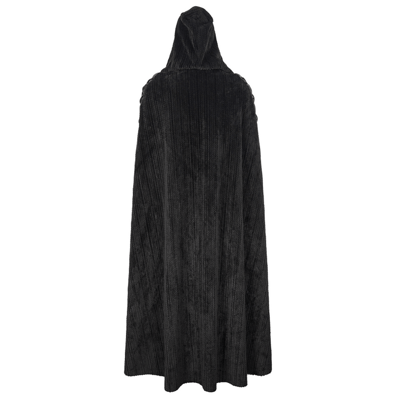 Stylish men's gothic black fleece hooded cape with textured fabric and fur collar, perfect for a vintage look.