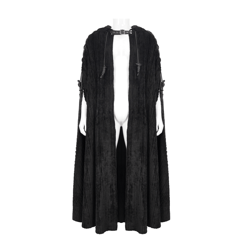 Gothic black fleece hooded cape with buckle belt, vintage style, perfect for adding flair to men's wardrobes.