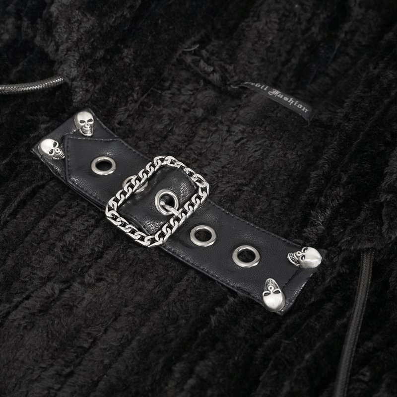 Gothic black fleece cape detail with buckle belt and skull accents, showcasing vintage chic style.