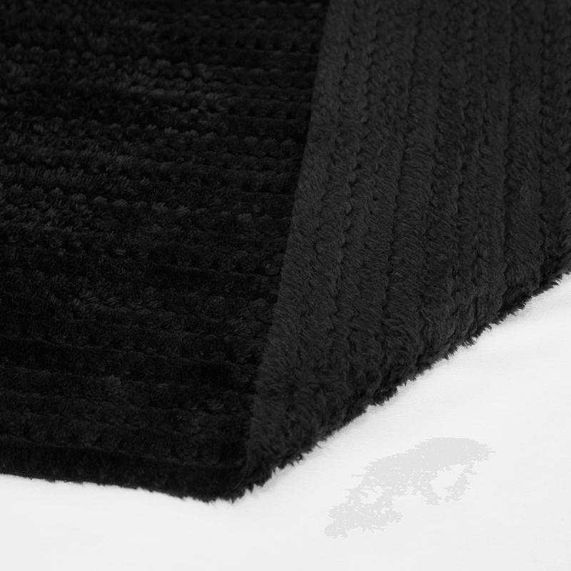 Close-up of luxurious black fleece fabric showcasing soft texture and rich tones, perfect for gothic-style apparel.