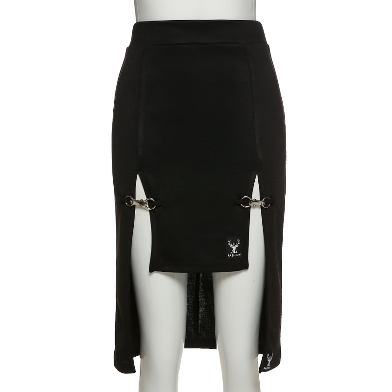 Gothic black knee-length skirt with high waist and stylish metal details, perfect for edgy outfits.